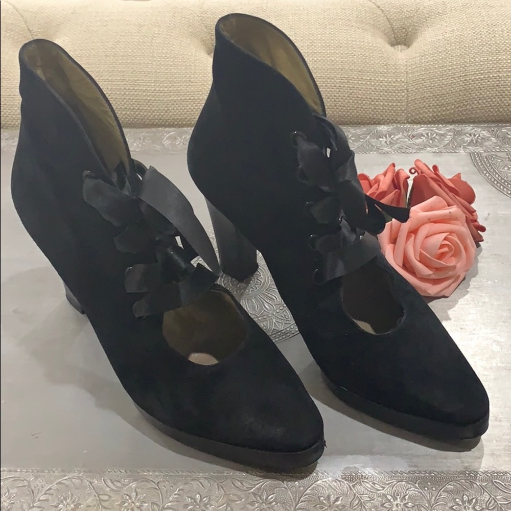 YSL Lace Up Suede Black Boots Ribbon Ankle 7.5